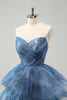 Load image into Gallery viewer, Grey Blue A-Line Embroidery Strapless Tiered Long Prom Dress