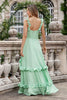 Load image into Gallery viewer, Green A Line Off The Shoulder Corset Bridesmaid Dress With Ruffles