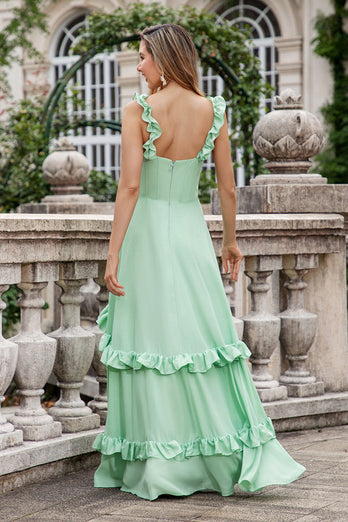 Green A Line Off The Shoulder Corset Bridesmaid Dress With Ruffles