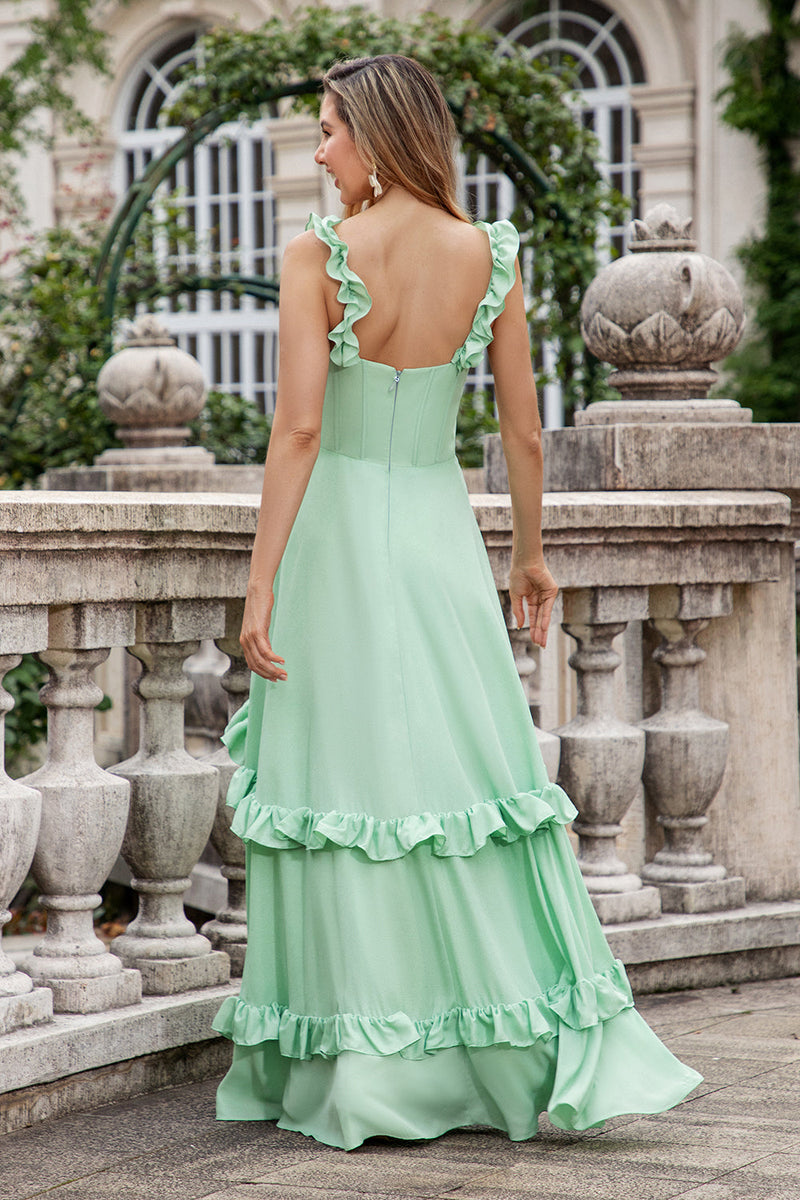 Load image into Gallery viewer, Green A Line Off The Shoulder Corset Bridesmaid Dress With Ruffles