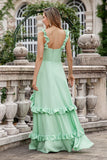 Green A Line Off The Shoulder Corset Maxi Bridesmaid Dress With Ruffles