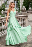 Green A Line Off The Shoulder Corset Maxi Bridesmaid Dress With Ruffles