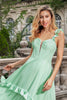 Load image into Gallery viewer, Green A Line Off The Shoulder Corset Long Bridesmaid Dress With Ruffles