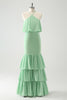 Load image into Gallery viewer, Green Tiered Chiffon Mermaid Halter Tiered Bridesmaid Dress