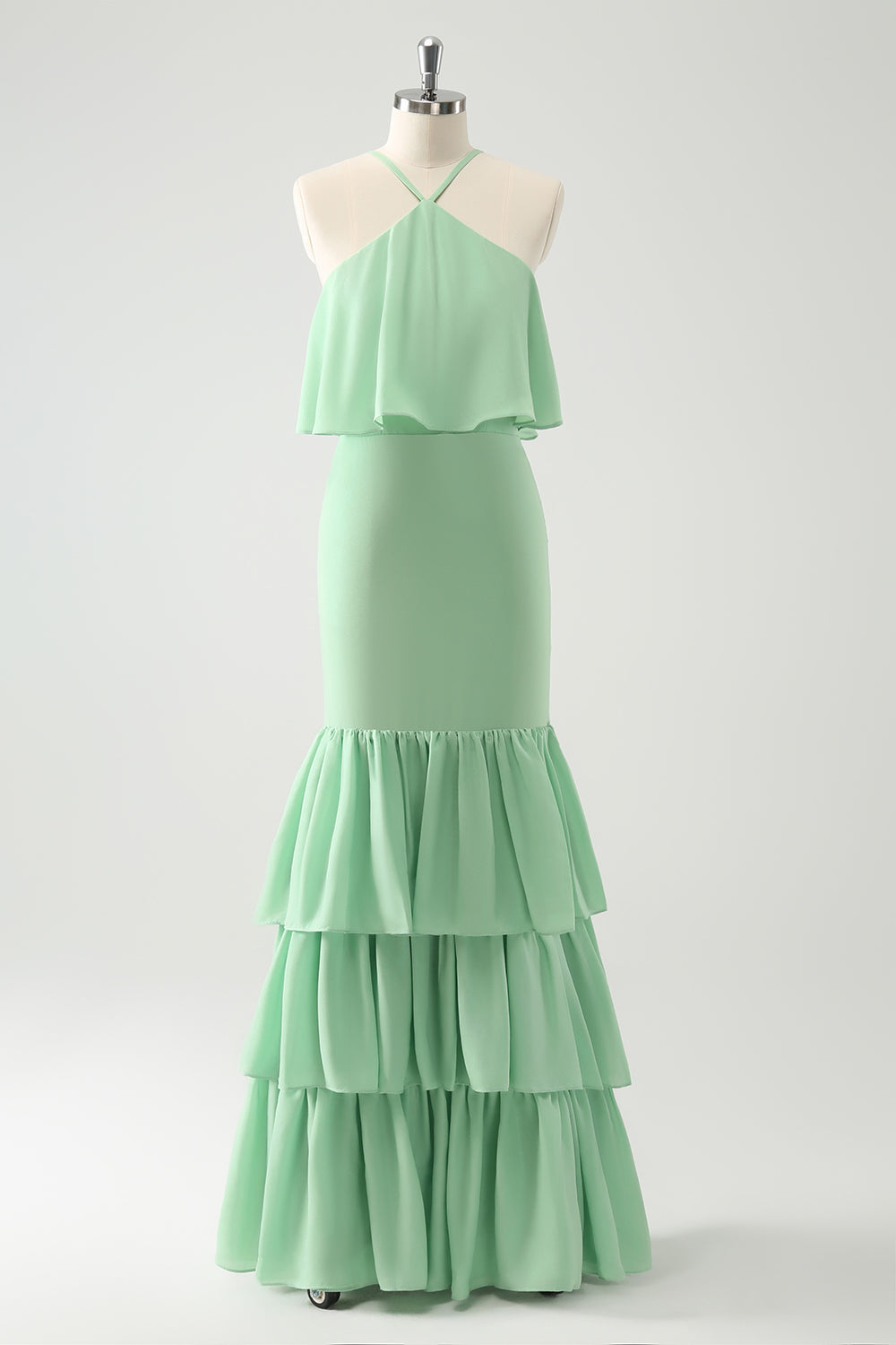 Green Tiered Chiffon Mermaid Halter Tiered Bridesmaid Dress