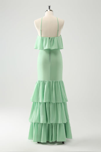 Green Tiered Chiffon Mermaid Halter Tiered Bridesmaid Dress