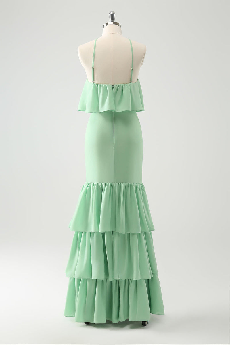 Load image into Gallery viewer, Green Tiered Chiffon Mermaid Halter Tiered Bridesmaid Dress