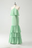 Load image into Gallery viewer, Green Tiered Chiffon Mermaid Halter Tiered Bridesmaid Dress