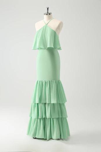 Green Tiered Chiffon Mermaid Halter Tiered Bridesmaid Dress