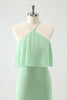 Load image into Gallery viewer, Green Tiered Chiffon Mermaid Halter Tiered Bridesmaid Dress