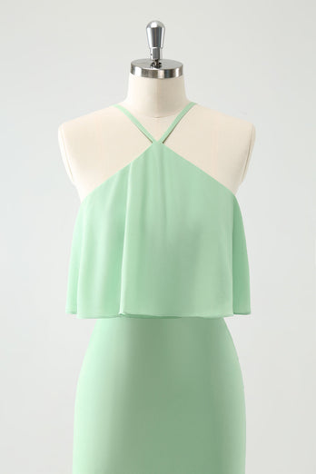 Green Tiered Chiffon Mermaid Halter Tiered Bridesmaid Dress