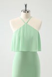Green Tiered Chiffon Mermaid Halter Tiered Bridesmaid Dress