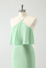 Load image into Gallery viewer, Green Tiered Chiffon Mermaid Halter Tiered Bridesmaid Dress