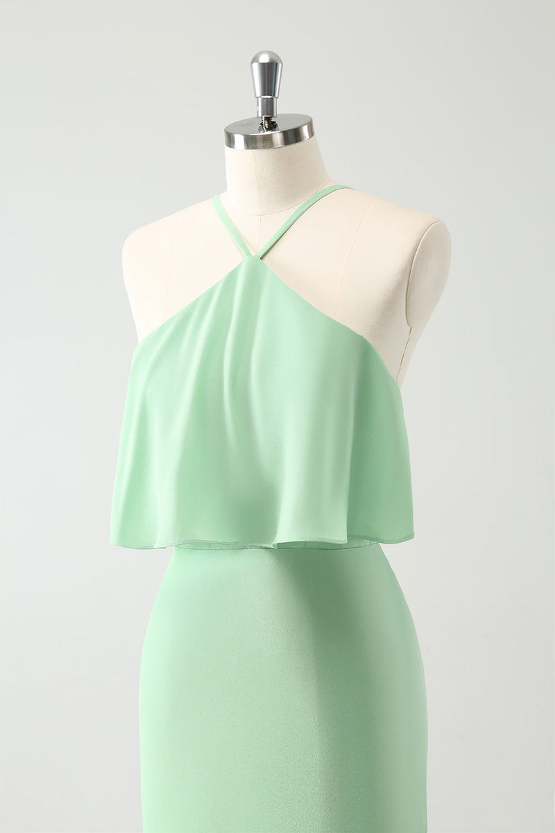 Load image into Gallery viewer, Green Tiered Chiffon Mermaid Halter Tiered Bridesmaid Dress