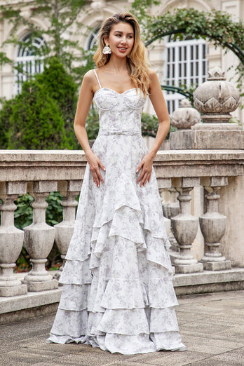 White Brown Flower Spaghetti Straps A Line Bridesmaid Dress With Ruffles