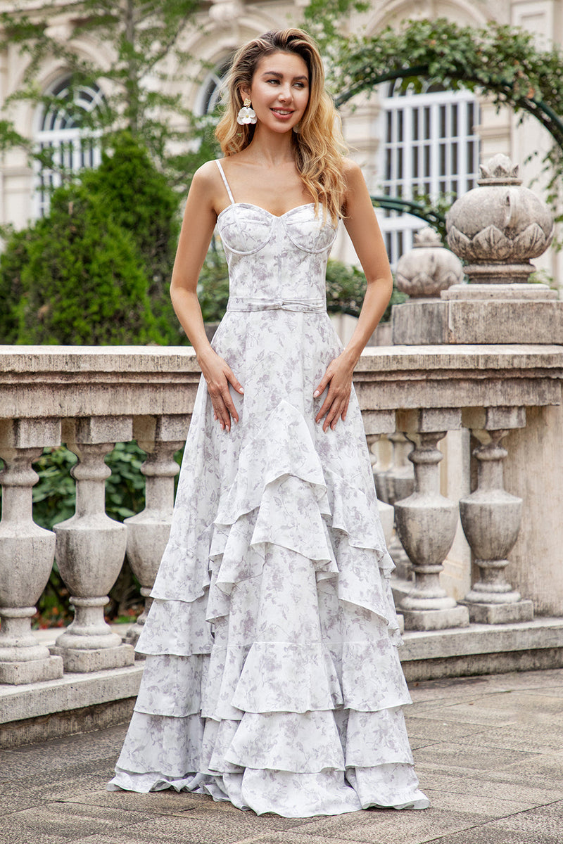 Load image into Gallery viewer, White Brown Flower A Line Spaghetti Straps Bridesmaid Dress With Ruffles