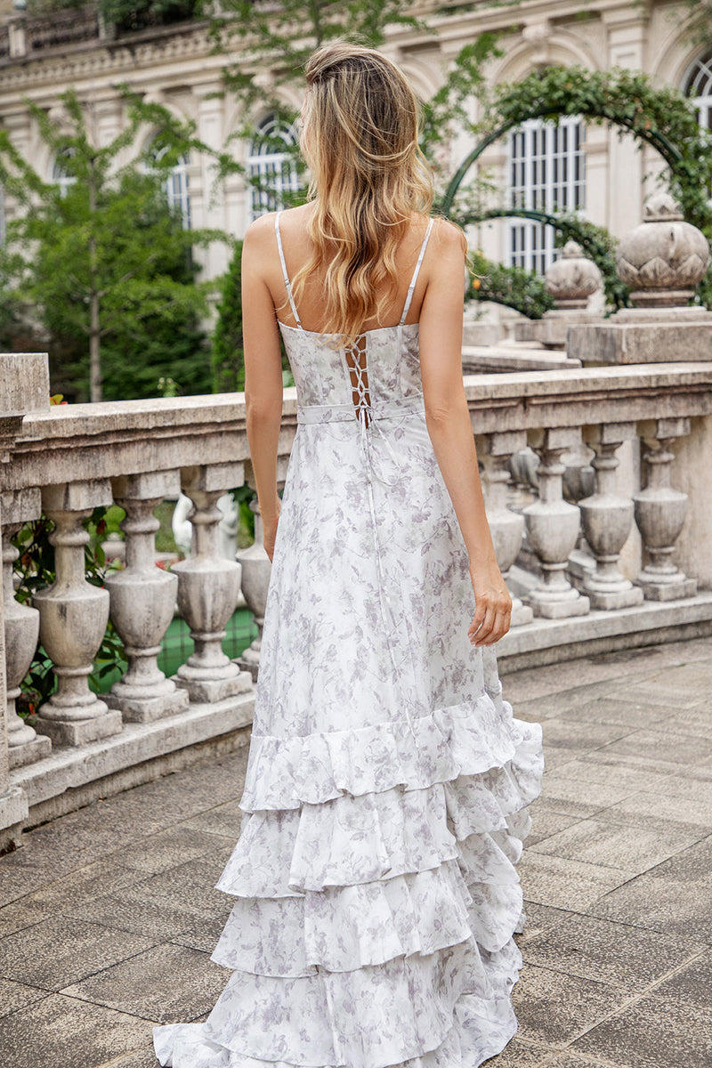 Load image into Gallery viewer, White Brown Flower Spaghetti Straps A Line Bridesmaid Dress With Ruffles