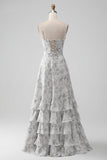 White Brown Flower A Line Spaghetti Straps Bridesmaid Dress With Ruffles