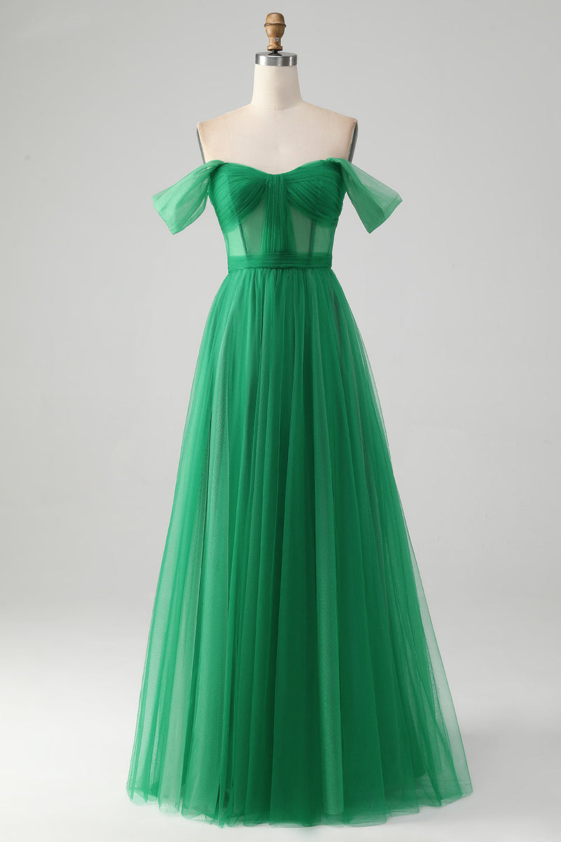 Load image into Gallery viewer, Dark Green A Line Off The Shoulder Corset Long Prom Dress