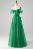 Dark Green A Line Off The Shoulder Corset Long Prom Dress