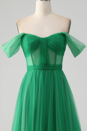 Dark Green A Line Off The Shoulder Corset Long Prom Dress