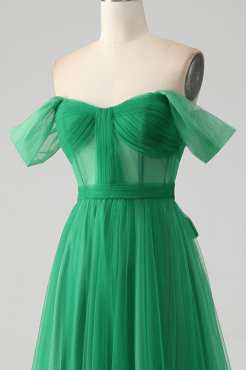 Load image into Gallery viewer, Dark Green A Line Off The Shoulder Corset Long Prom Dress