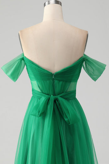 Dark Green A Line Off The Shoulder Corset Long Prom Dress