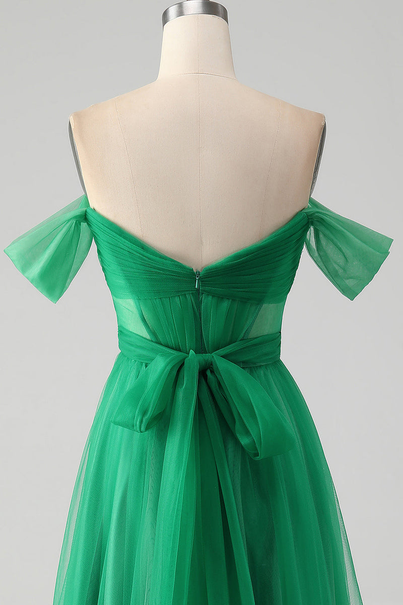 Load image into Gallery viewer, Dark Green A Line Off The Shoulder Corset Long Prom Dress