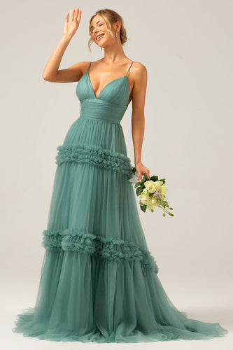Green Tulle A Line Spaghetti Straps Long Bridesmaid Dress with Ruffles