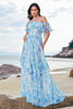 Load image into Gallery viewer, Off The Shoulder White Blue Floral Bridesmaid Dress with Ruffles