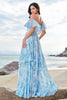 Load image into Gallery viewer, Off The Shoulder White Blue Floral Bridesmaid Dress with Ruffles