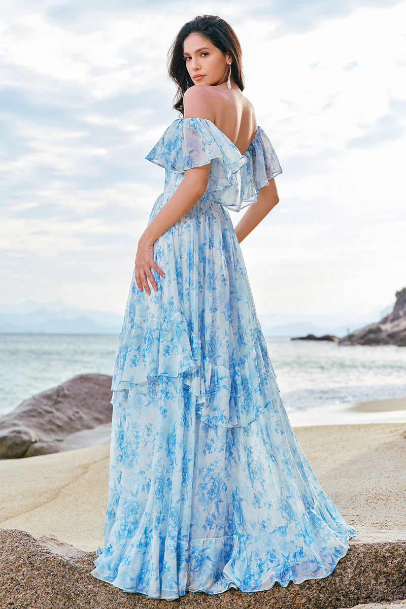 Load image into Gallery viewer, Off The Shoulder White Blue Floral Bridesmaid Dress with Ruffles