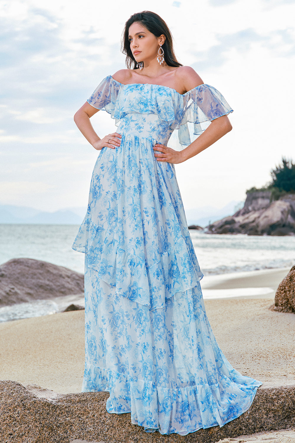 Zapaka Women Off the Shoulder White Blue Floral Bridesmaid Dress with Ruffles A Line Long Wedding Guest Dress ZAPAKA UK Zapaka Women Off the Shoulder White Blue Floral Bridesmaid Dress with Ruffles A Line Long Wedding Guest Dress ZAPAKA UK