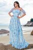 Load image into Gallery viewer, Off The Shoulder White Blue Floral Bridesmaid Dress with Ruffles