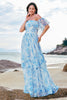 Load image into Gallery viewer, Off The Shoulder White Blue Floral Bridesmaid Dress with Ruffles