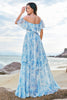 Load image into Gallery viewer, Off The Shoulder White Blue Floral Bridesmaid Dress with Ruffles