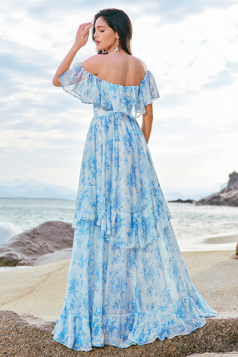 Load image into Gallery viewer, Off The Shoulder White Blue Floral Bridesmaid Dress with Ruffles