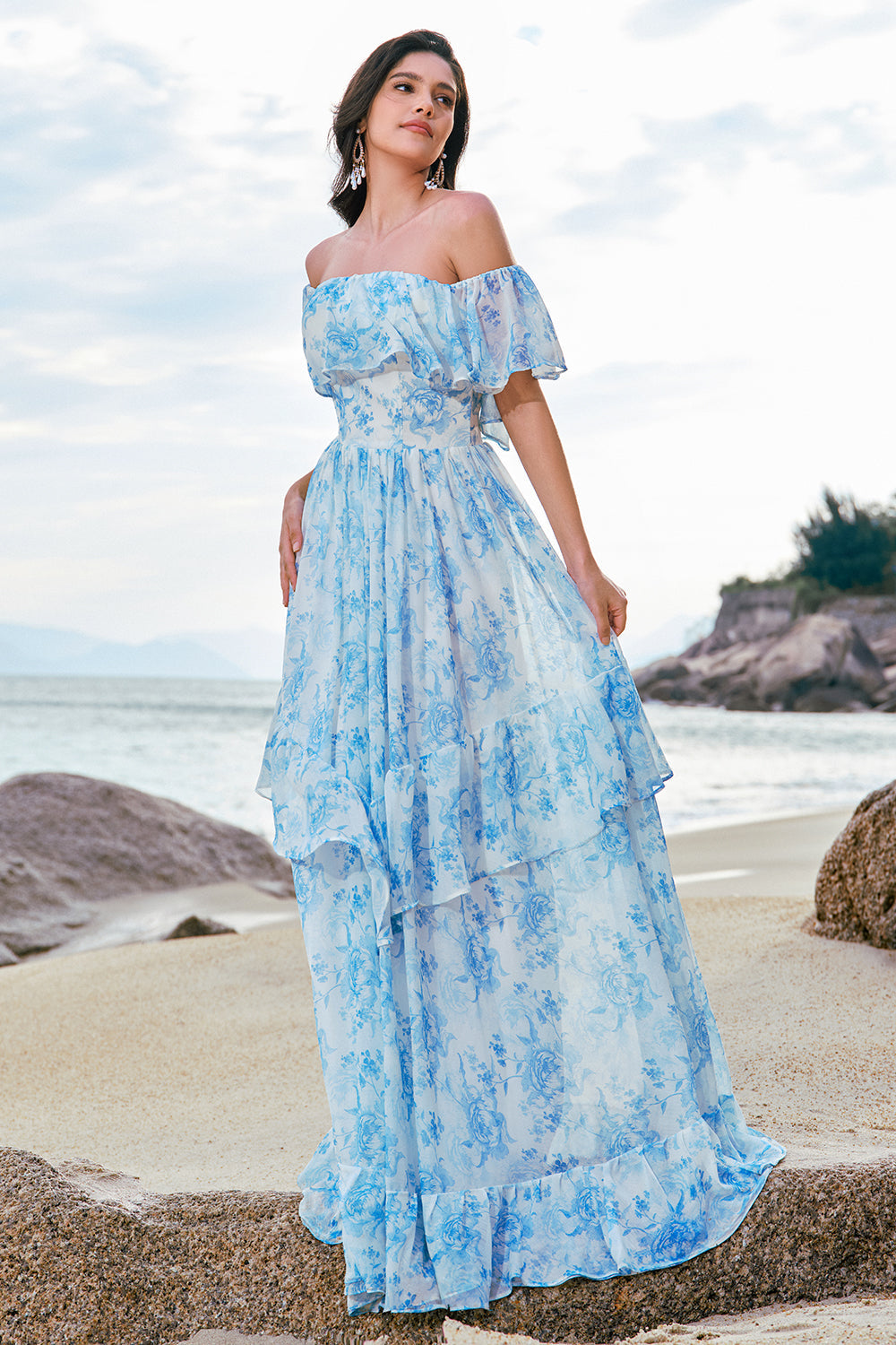 Zapaka Women Off the Shoulder White Blue Floral Bridesmaid Dress with Ruffles A Line Long Wedding Guest Dress – ZAPAKA UK