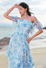 Load image into Gallery viewer, Off The Shoulder White Blue Floral Bridesmaid Dress with Ruffles