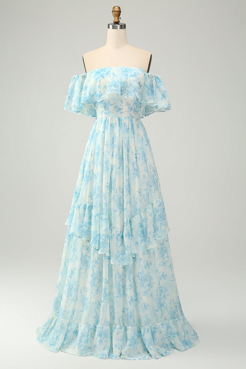 Load image into Gallery viewer, White Blue Floral Off The Shoulder Tiered Long Bridesmaid Dress