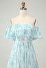 Load image into Gallery viewer, White Blue Floral Off The Shoulder Tiered Long Bridesmaid Dress