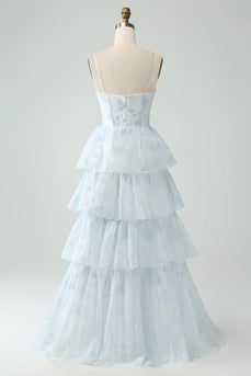 Light Blue A Line Tiered Corset Ruffled Bridesmaid Dress With Slit