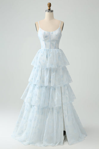 Light Blue A Line Tiered Corset Ruffled Bridesmaid Dress With Slit