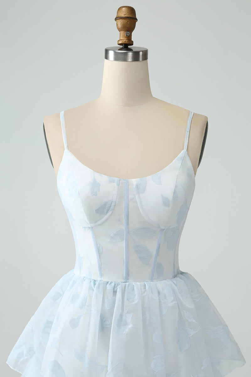 Load image into Gallery viewer, Light Blue A Line Tiered Corset Ruffled Bridesmaid Dress With Slit
