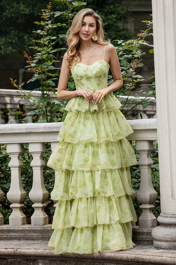 Green Flower A Line Spaghetti Straps Long Prom Dress With Ruffles