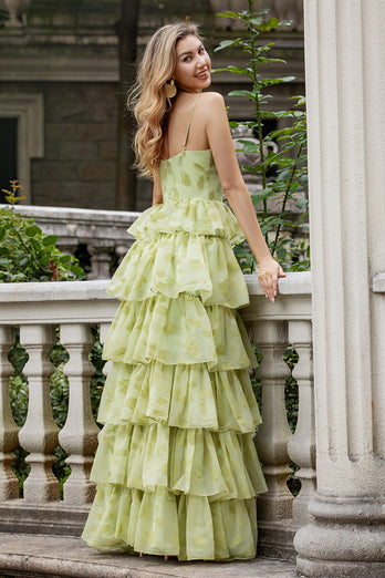 Green Flower A Line Spaghetti Straps Long Prom Dress With Ruffles