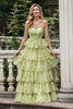 Load image into Gallery viewer, Green Flower A Line Spaghetti Straps Tiered Long Prom Dress With Ruffles