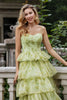 Load image into Gallery viewer, Green Flower A Line Spaghetti Straps Tiered Long Prom Dress With Ruffles