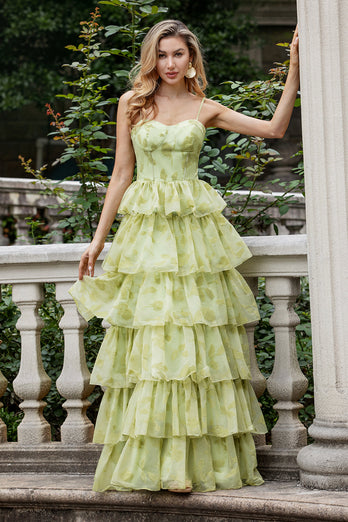 Green Flower A Line Spaghetti Straps Tiered Long Prom Dress With Ruffles