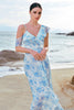 Load image into Gallery viewer, White Blue Flower Stylish Chiffon Bridesmaid Dress with Slit